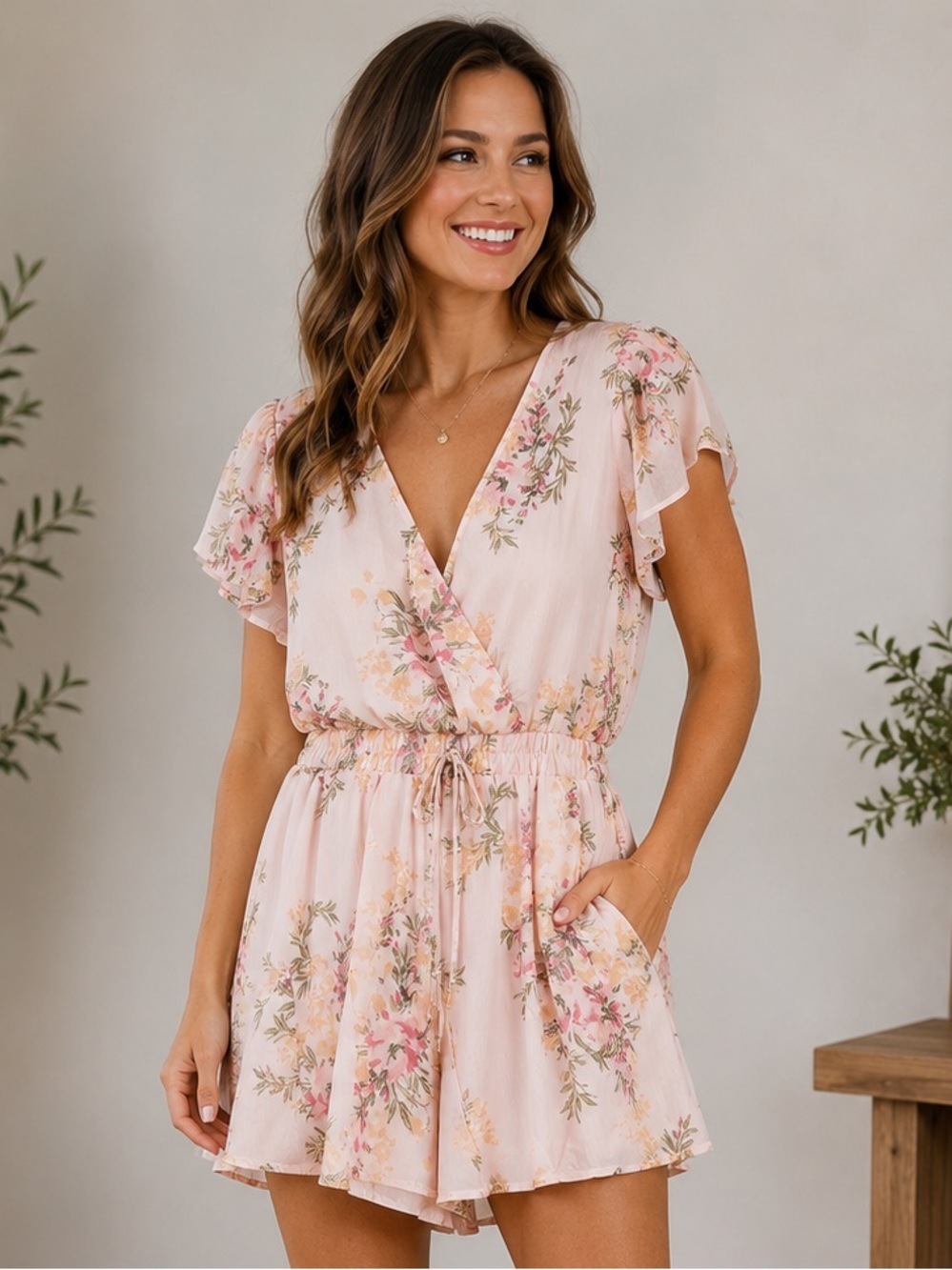 Floral Flutter-Sleeve Pink Romper